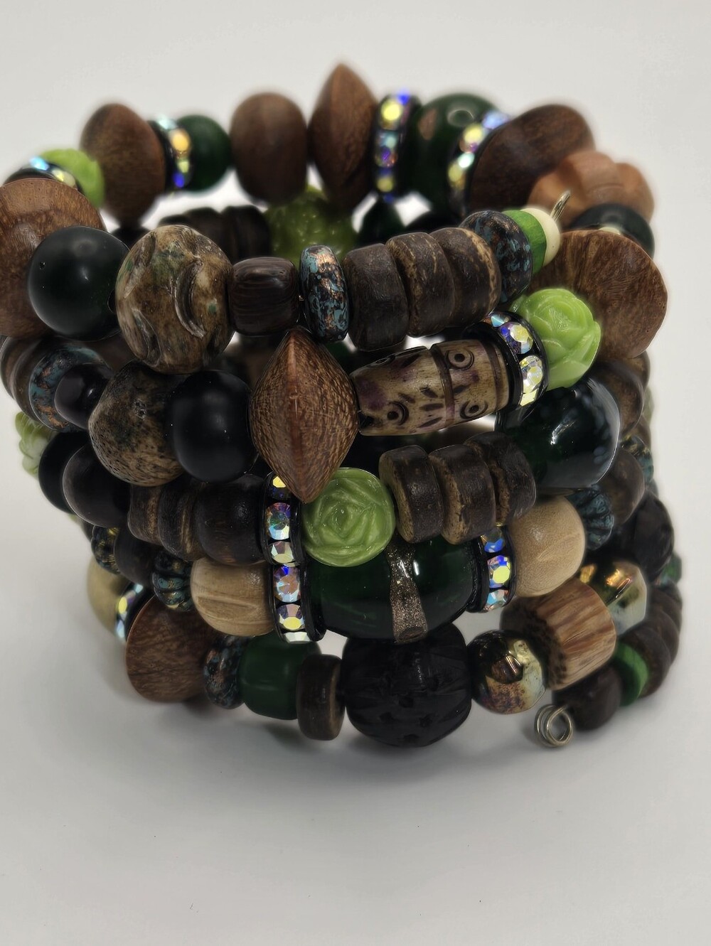 Green And Brown Wood And Glass Coil Bracelet Stack Handmande Artisan Boho